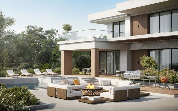Outdoor patio with pool, modern house, seating area, fire pit, loungers, and greenery.