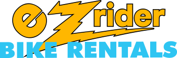 A yellow and blue logo for ezrider bike rentals