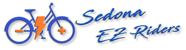 The logo for sedona ez riders shows a bicycle with a lightning bolt on it.