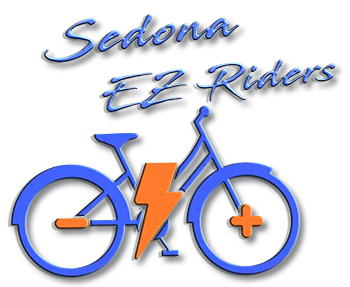 A logo for sedona ez riders shows a bicycle with a lightning bolt on it