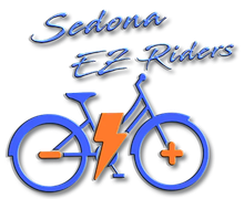 A logo for sedona ez riders shows a bicycle with a lightning bolt on it