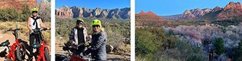 A collage of three pictures of people riding bikes in the desert.