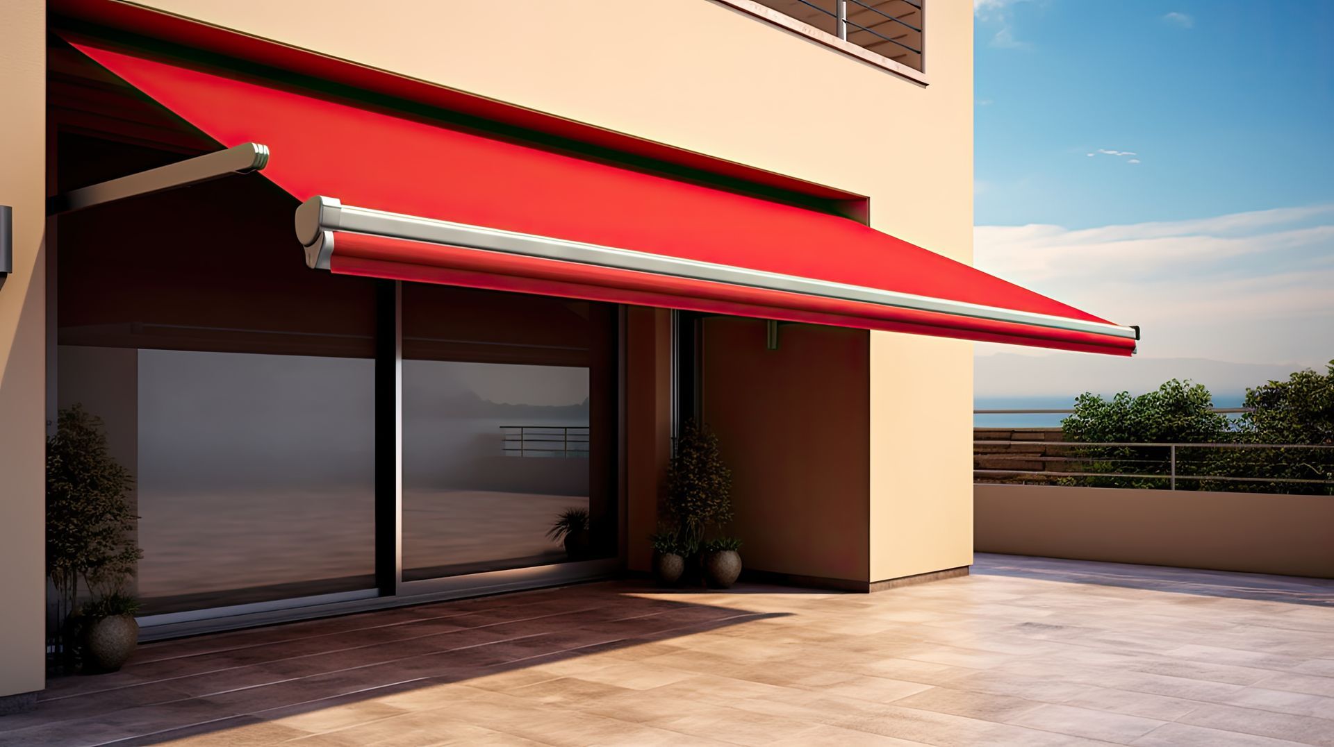 View of red awning over a big window on a house exterior.