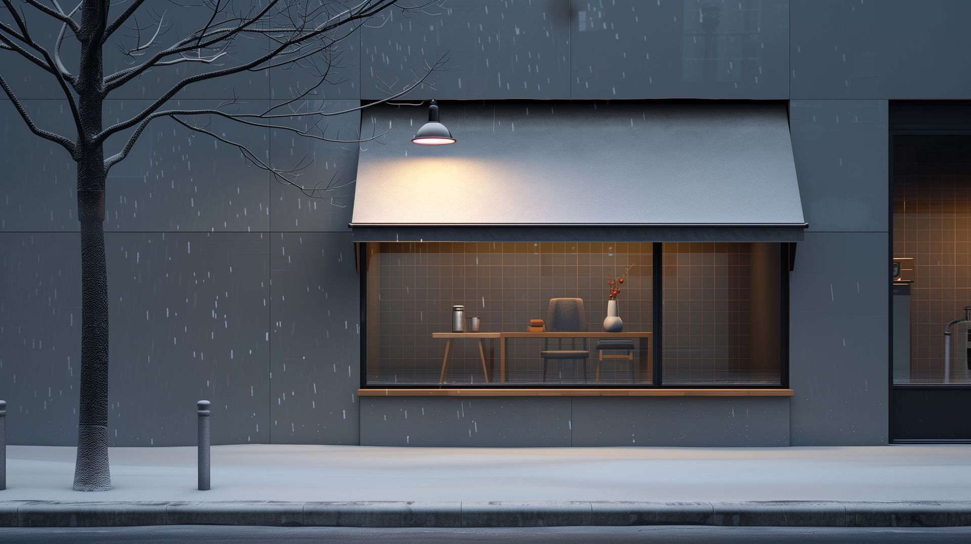 Blue awning over a residential window on a white wall