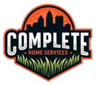 Logo for "Complete Home Services" with a skyline, grass, and orange and black colors.