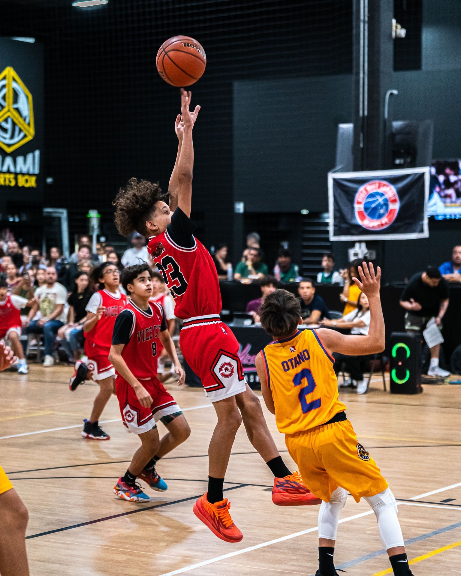 Youth basketball players training during a practice session at Vice City Basketball Academy’s Doral location.