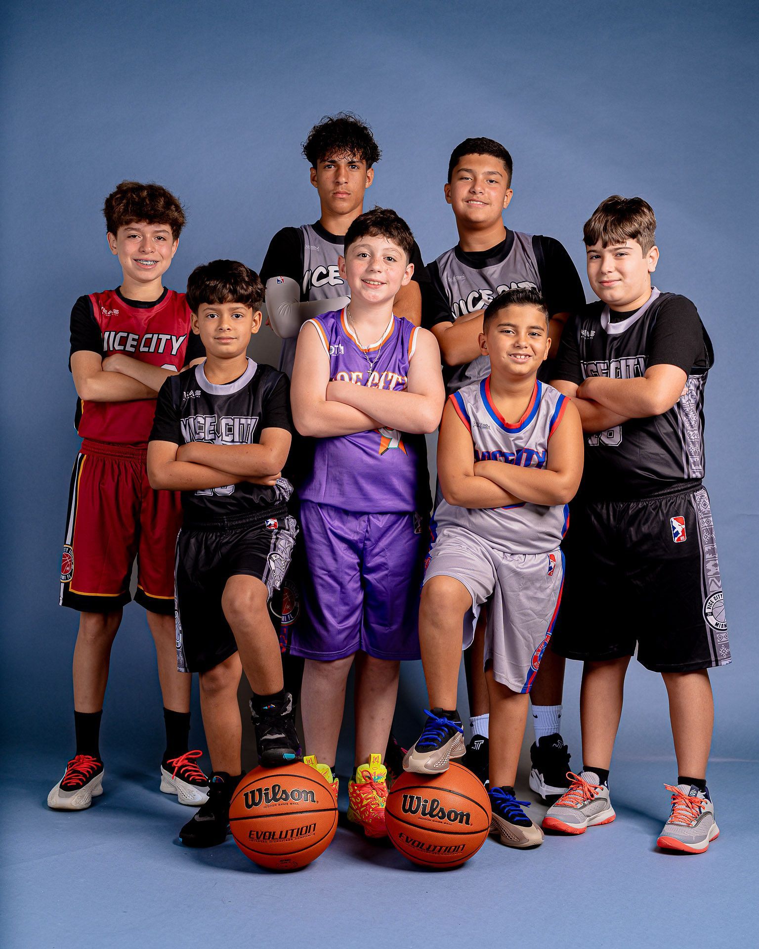 Vice City Basketball Academy youth players during summer season Media Day in West Kendall, Miami, featuring professional team and individual photos that make kids feel like NBA stars.
