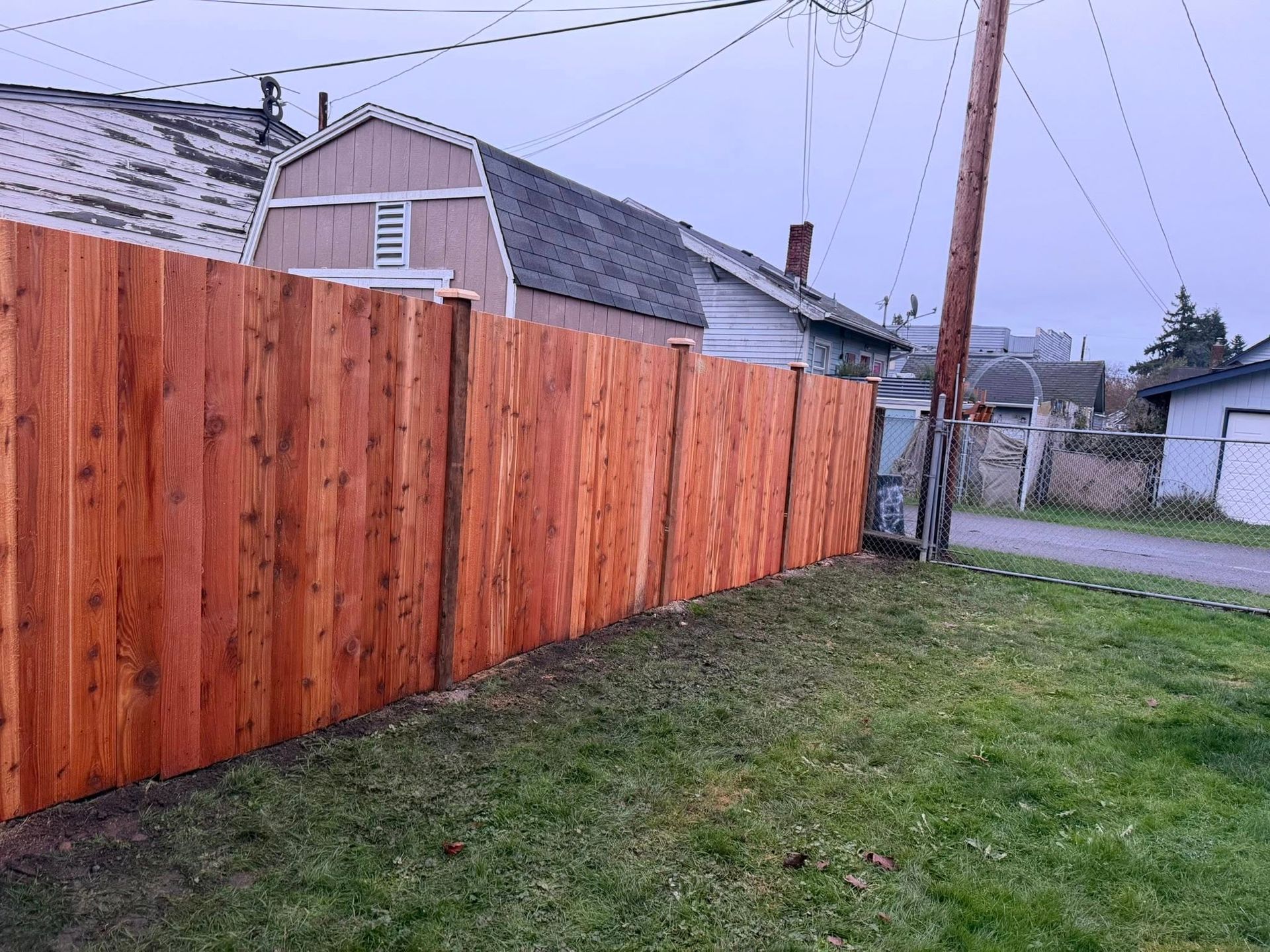 A freshly stained, reddish-brown wooden fence in a grassy yard, with a building and power pole in the background.