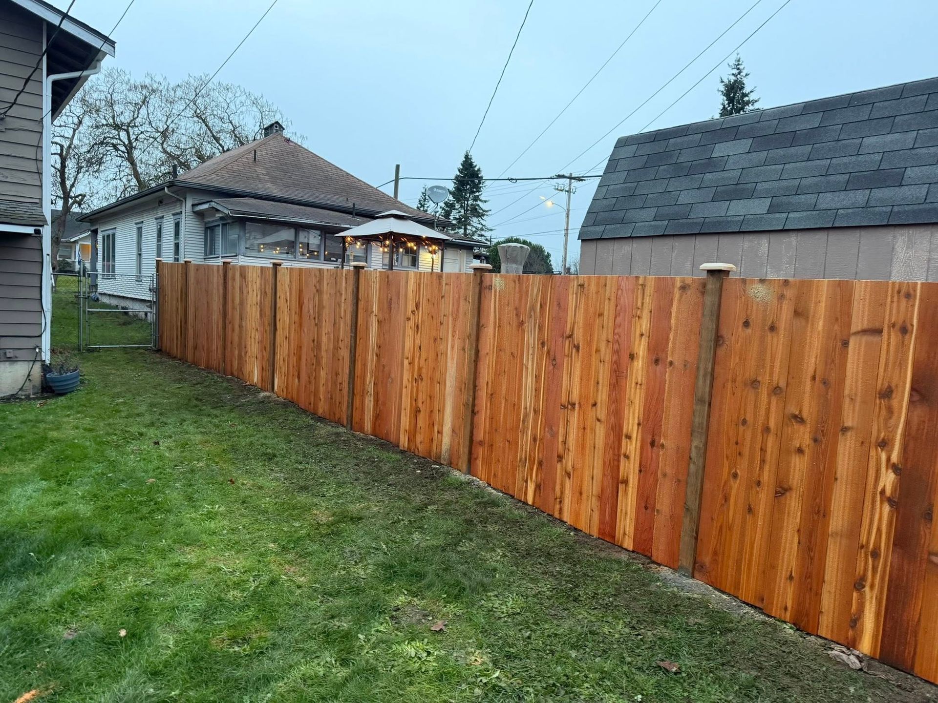 Brown wooden fence in a grassy yard, separating a house and a shed, overcast day.