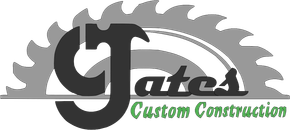 Logo for CJates Custom Construction: Black hammer/letters overlayed on grey saw blade, with "Custom Construction" in green.