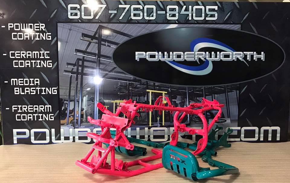 A sign that says powder coating ceramic coating media blasting firearm coating