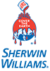 The logo for sherwin williams is a painting of a globe with paint pouring out of it.
