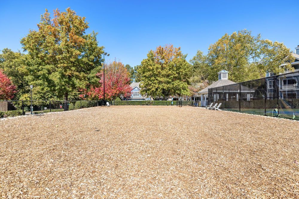 a large empty dog park with a fence and trees in the background at Marquis on Edwards Mill in Raleigh, NC. 