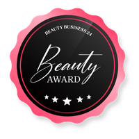 Ein rosa-schwarzer Beauty Award-Aufkleber mit fünf Sternen