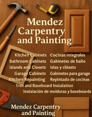 Mendez Carpentry LLC logo with kitchen cabinet design and text, 