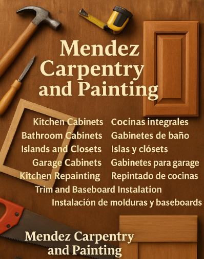 Logo for Mendez Carpentry LLC: Blue text arches over kitchen outline,