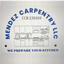 Mendez Carpentry LLC logo with kitchen cabinet design and text, 