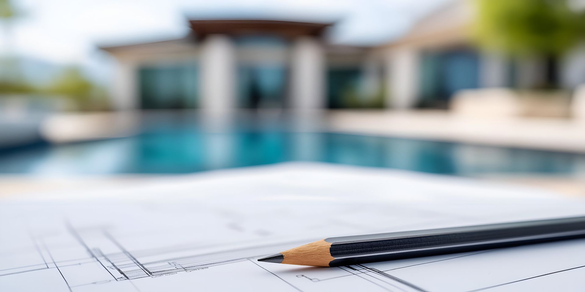 Close-up of house plans and pool area, perfect for a pool remodeling contractor showcase.