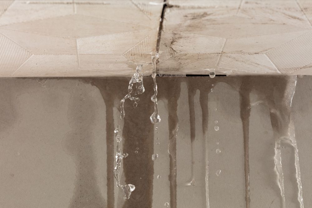 Water leaking from a ceiling tile seam, with droplets falling and water stains visible.