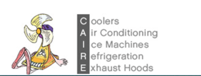 Cartoon fan character next to "CARE" acronym with cooling-related services listed.