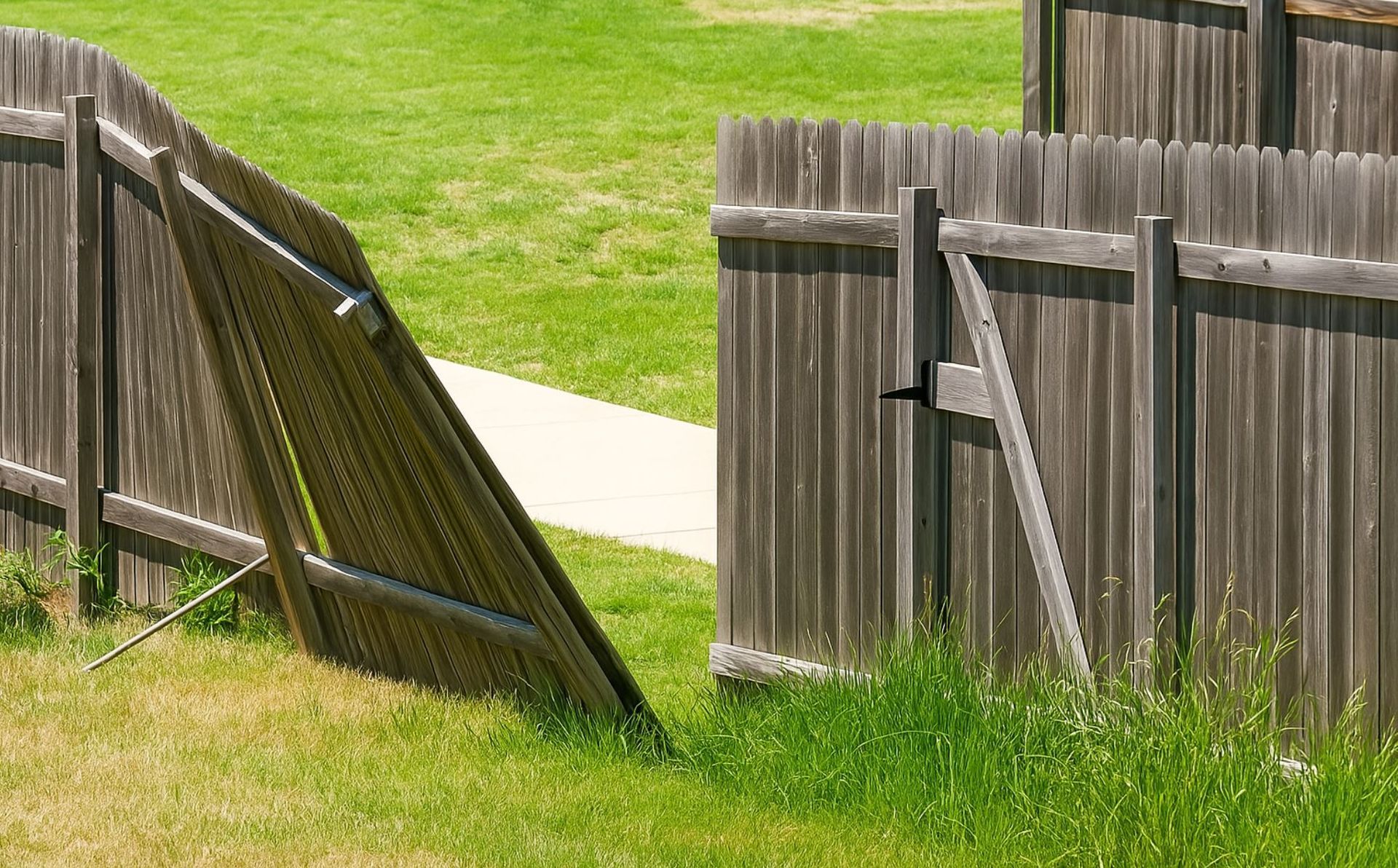 Damaged wooden fence with broken broken fence posts in a residential yard in Boise, ID in need of repair by A1 Handyman.