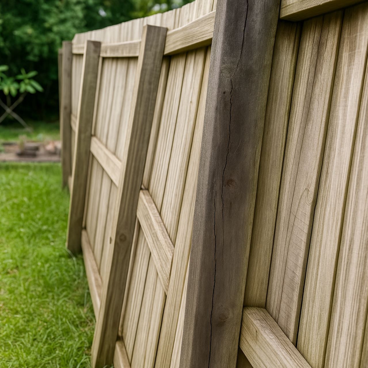 Leaning wooden fence with warped and broken fence posts in a Boise, ID backyard, in need of repair.