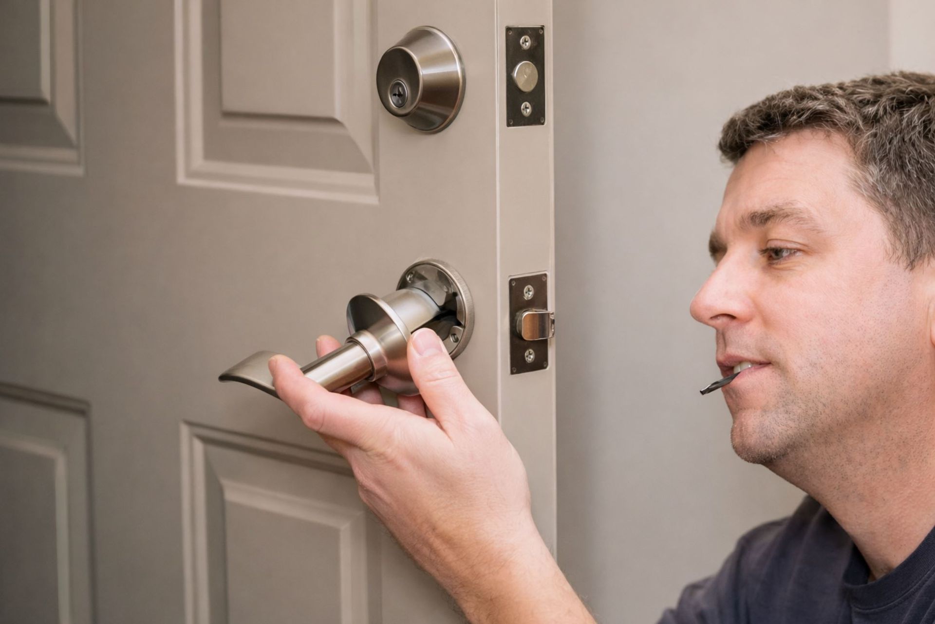 Handyman adjusting door lock and latch alignment during door repair in a Boise home