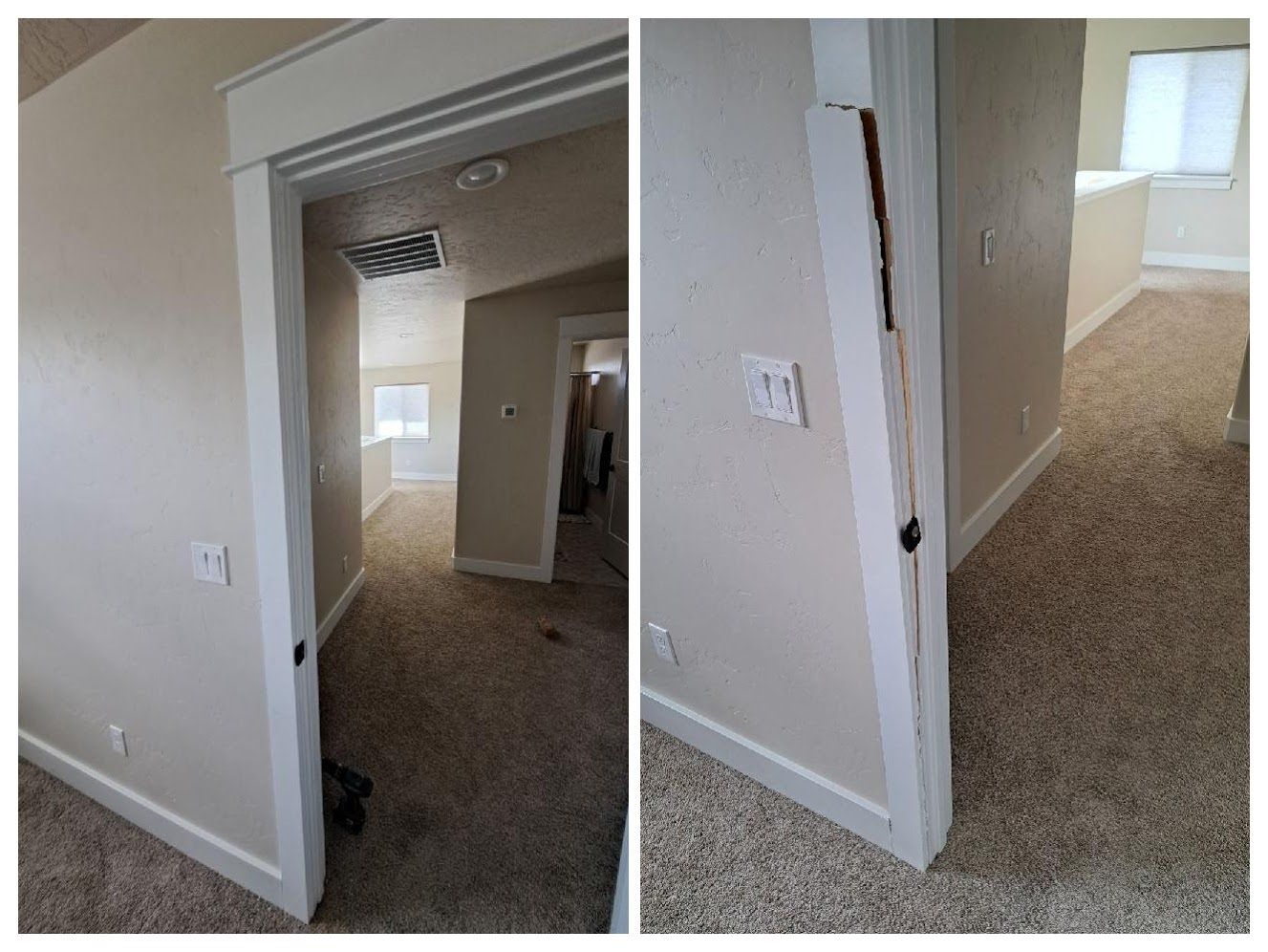 before and after photo of a interior door and trim repair in Meridian, ID by A1 Handyman