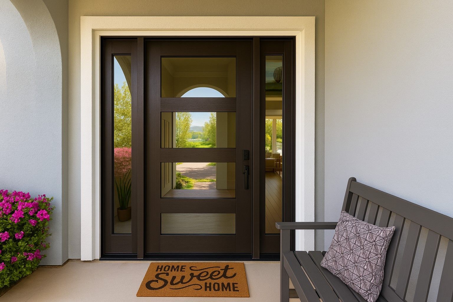 Modern front entry door with sidelights and a ‘Home Sweet Home’ doormat on a bright, welcoming Meridian, Idaho porch.