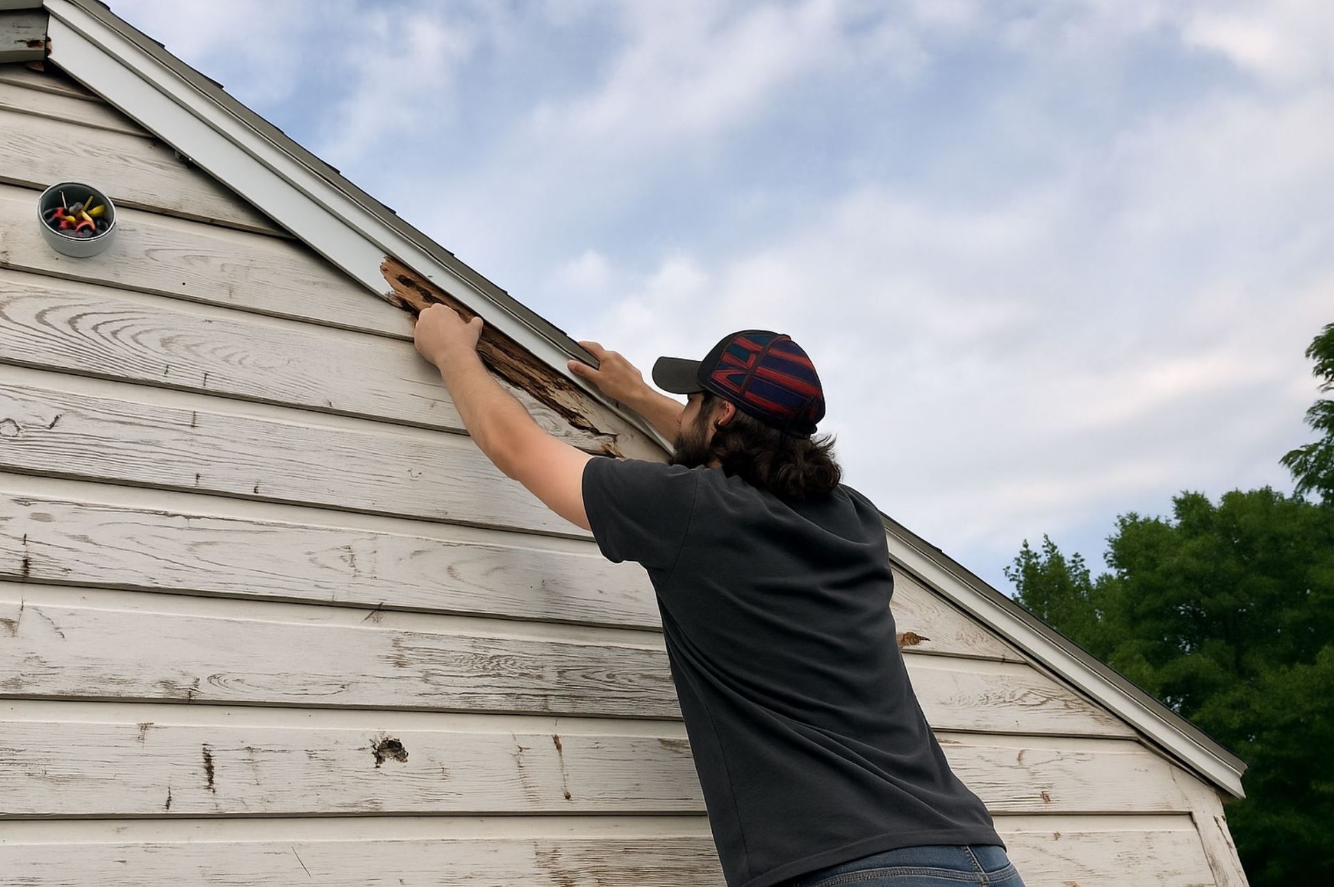 A1 Handyman technician in Boise, ID removing rotted wood siding from a gable wall during an exterior siding repair project.