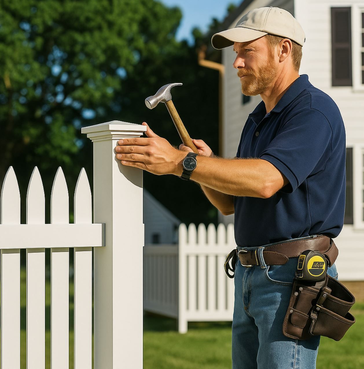 A1 Handyman technician repairing a white wood fence in Meridian, ID, securing the post with a hammer for long-lasting durability and curb appeal.