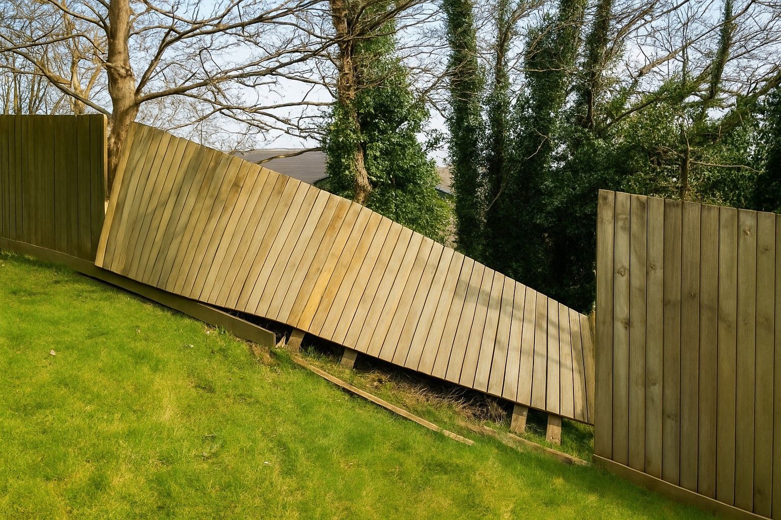Leaning wooden fence on a sloped yard needing repair in Meridian, Idaho