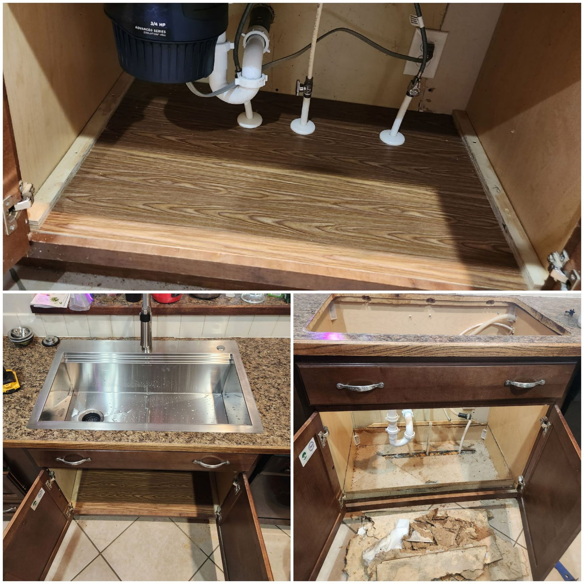Cabinet base and shelf repair under a kitchen sink in a Boise, ID home