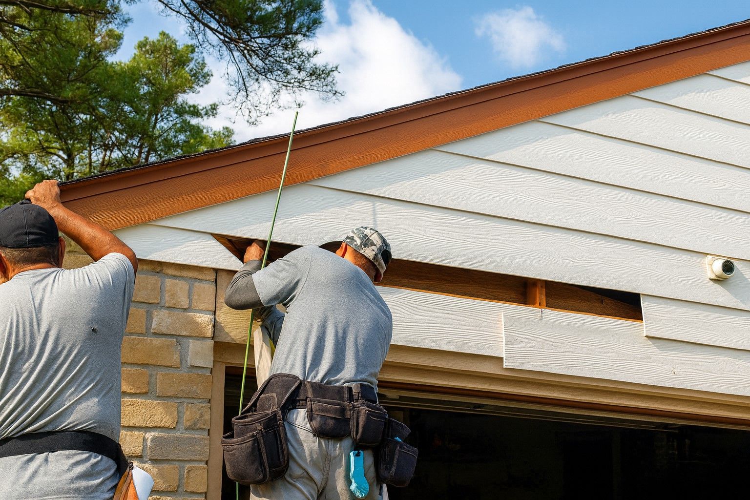 Contractors repairing exterior house siding above a garage on a Boise, Idaho home.”