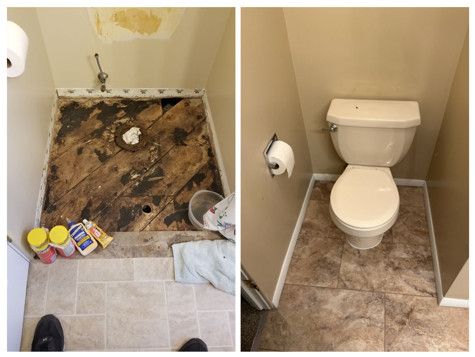 Before and after toilet replacement in Boise with subfloor repair and vinyl flooring