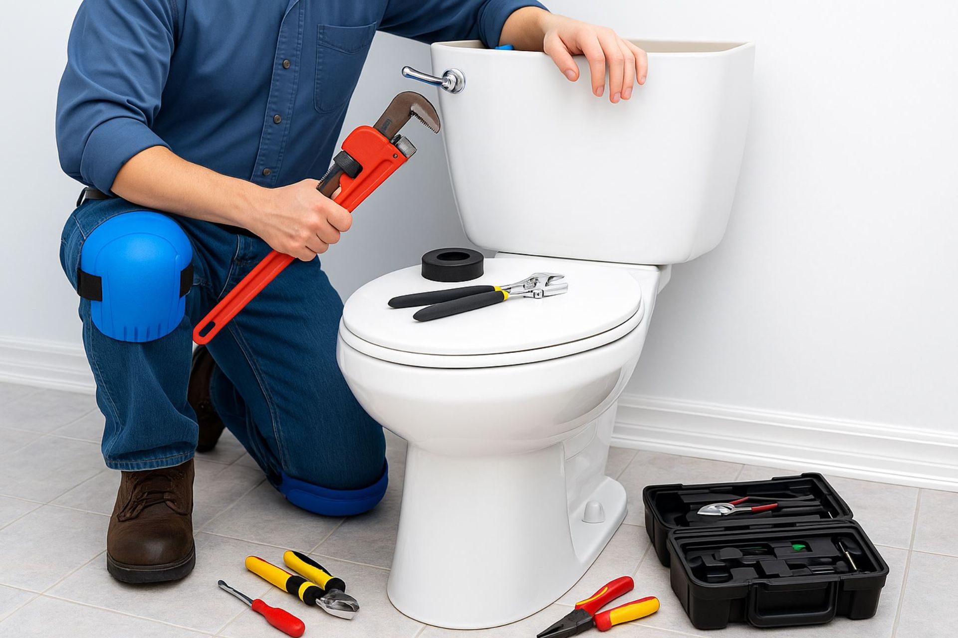 A1 Handyman technician in Boise, ID repairing a residential toilet with plumbing tools during a toilet installation and seal replacement service.