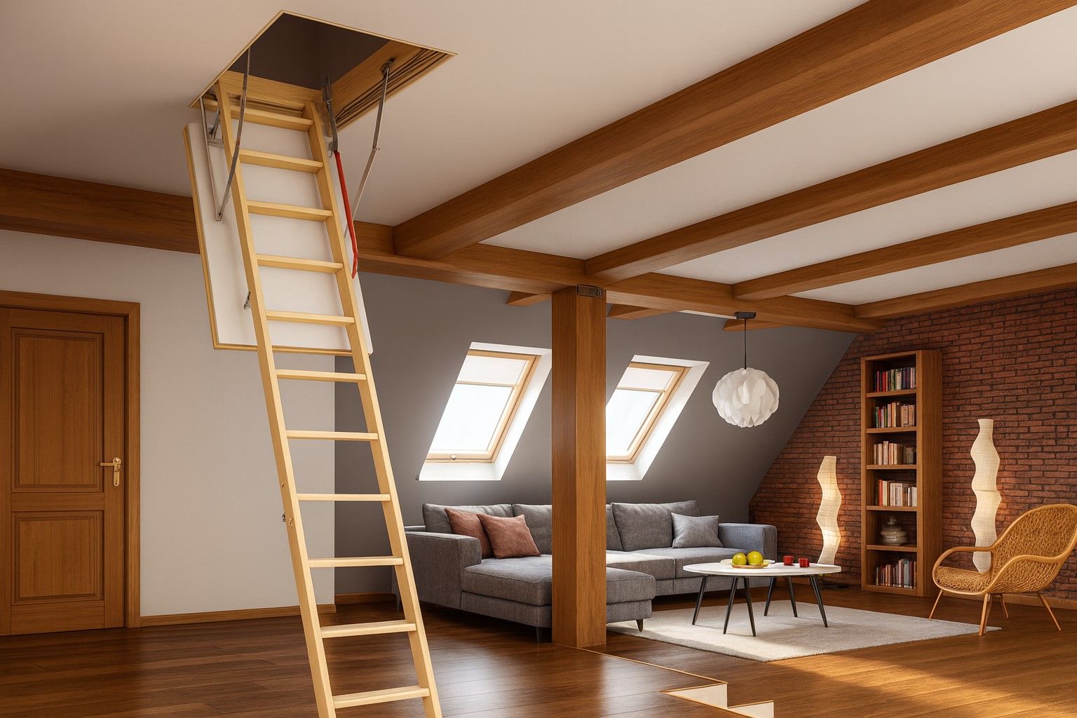 Attic ladder installation in a modern Meridian, Idaho home with wood beams and skylights.”