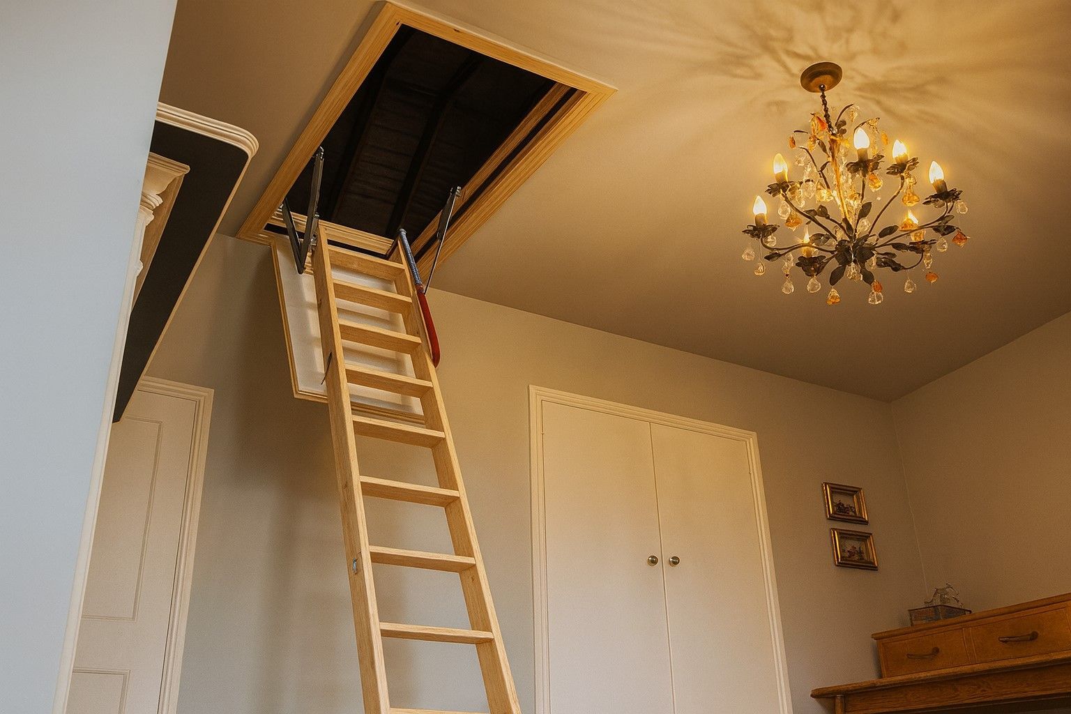 Wood attic ladder extended from a ceiling hatch during an attic access installation in a Meridian, Idaho home.