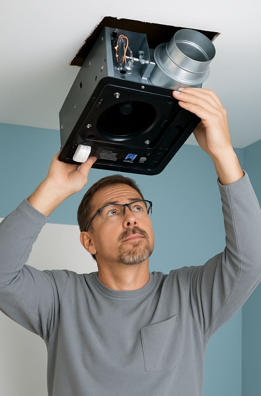 A1 Handyman technician installing a bathroom exhaust fan in a Boise home, securing the fan housing into the ceiling while inspecting the fit.