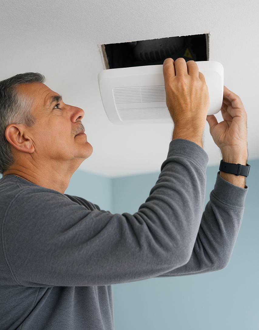 Bathroom exhaust fan installation in Boise, ID with technician mounting a ceiling ventilation fan