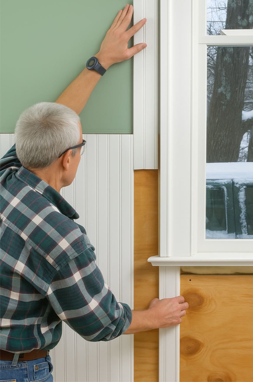 A1 Handyman technician installing vertical beadboard paneling around a window inside a Boise, ID  home. 