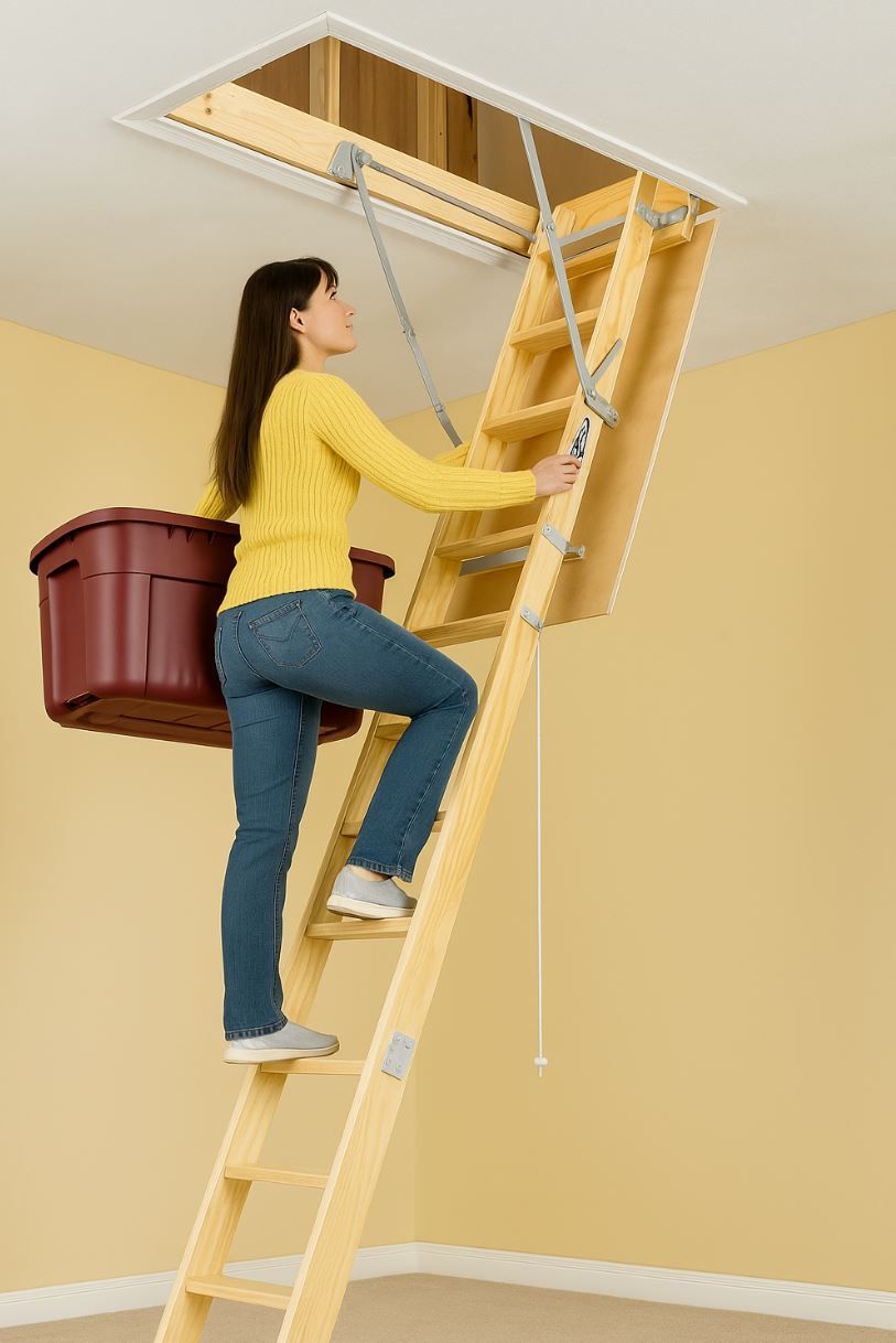 Homeowner using a newly installed attic ladder by A1 Handyman in Boise, ID to safely access attic storage with a large bin.