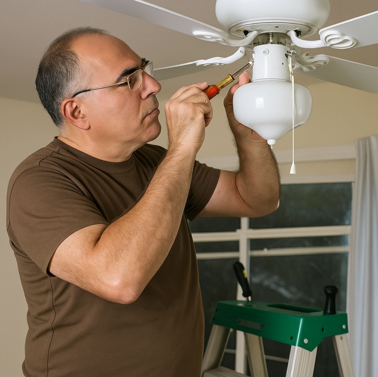 A1 Handyman technician installing a ceiling fan in a Boise home, using a screwdriver to adjust the fan’s electrical components for proper function.