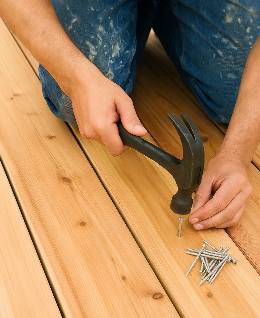 A1 Handyman technician in Boise, ID performing deck board repair by hand-nailing screws into cedar planks for a secure and polished finish.