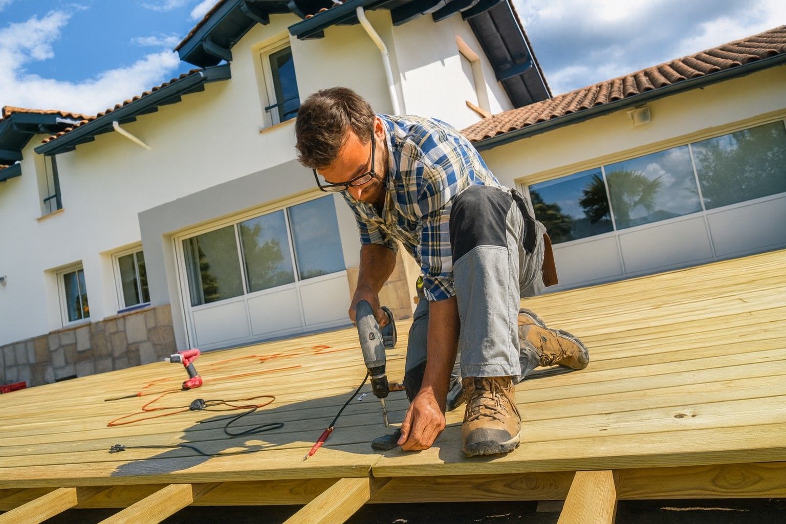 A1 Handyman technician in Meridian, ID performing deck board repair by nailing screws into cedar planks