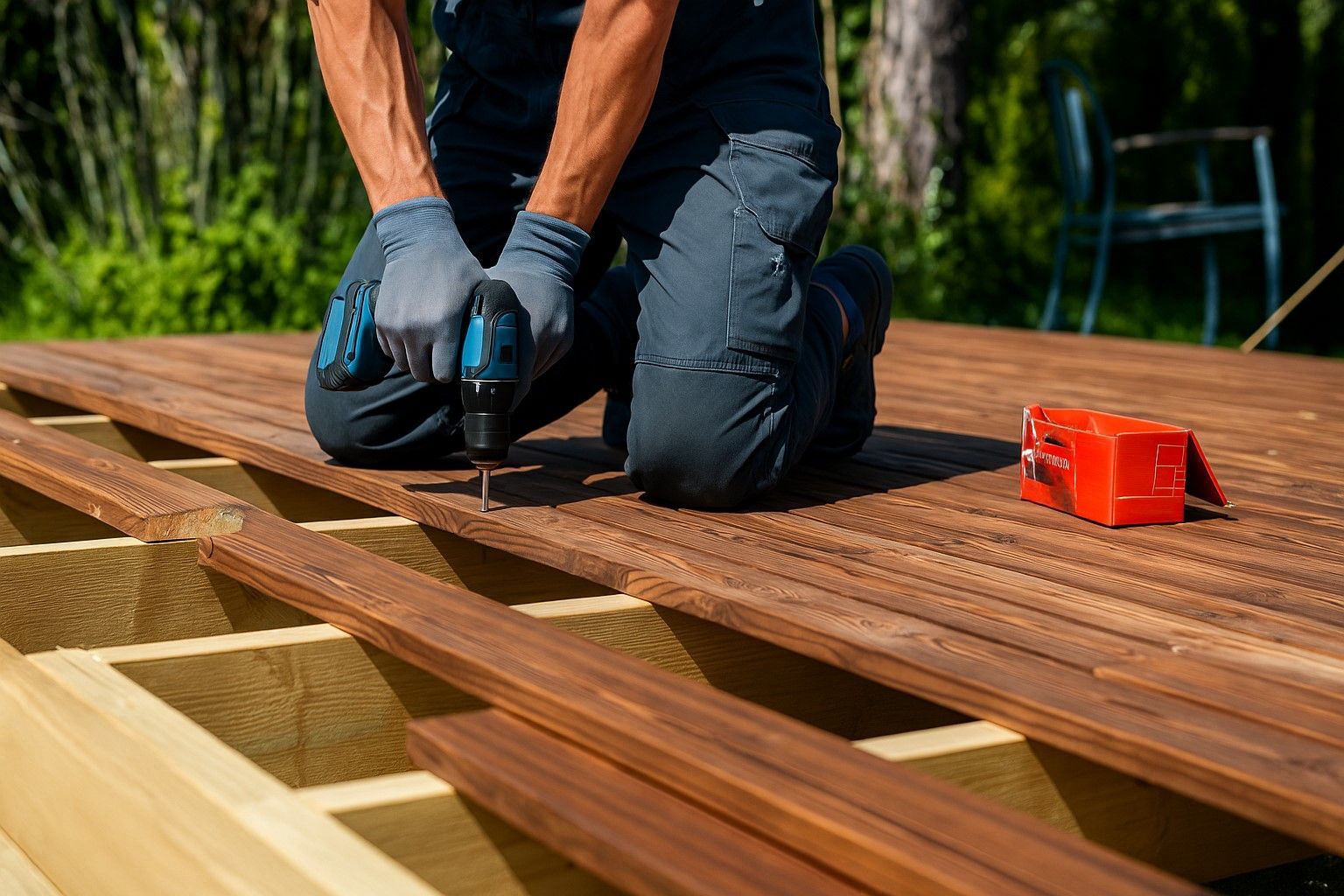 Contractor installing wooden deck boards with a power drill during a deck construction project in Meridian, Idaho.