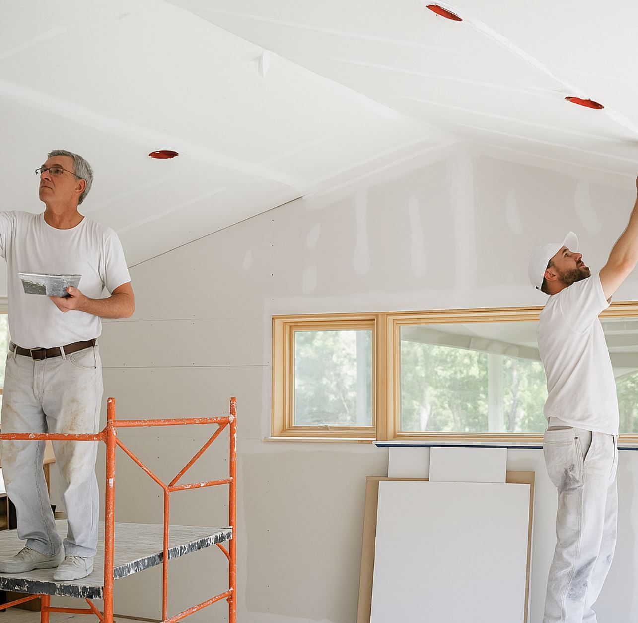 A1 Handyman technicians finishing drywall on a vaulted ceiling in a bright Boise home, applying joint compound and smoothing seams for a flawless finish.