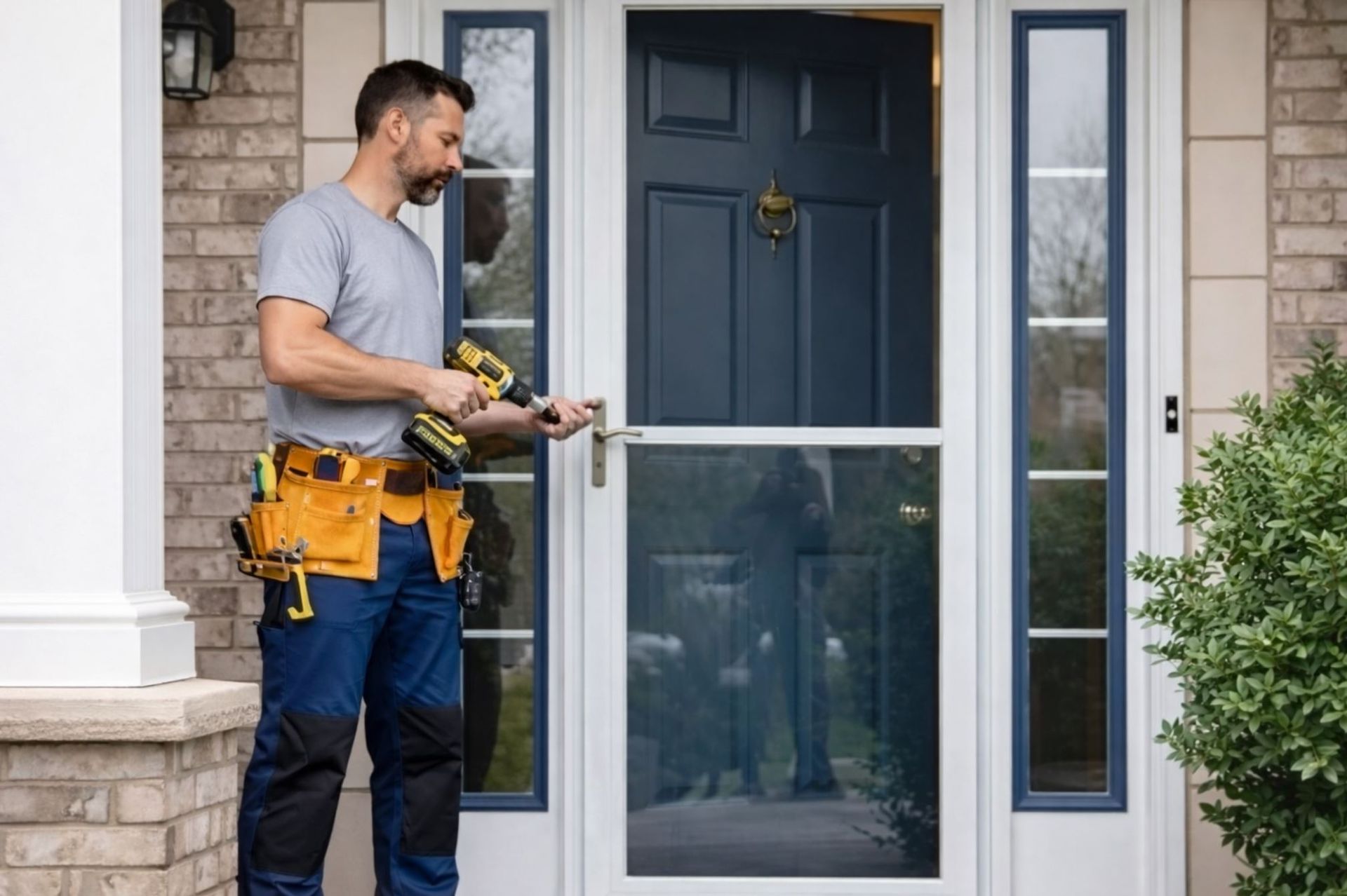 Handyman repairing an exterior storm door on a residential home in Boise