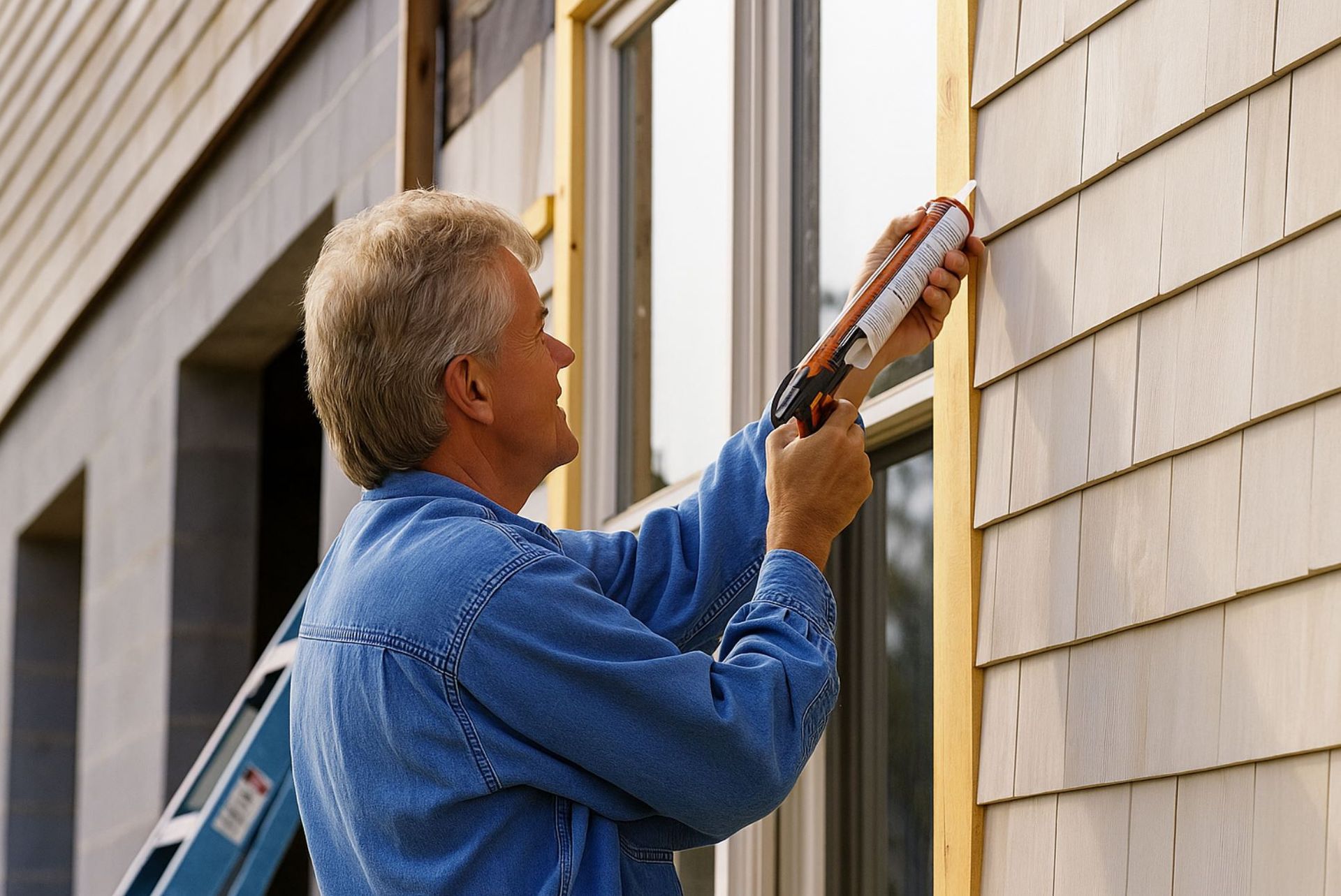 Homeowner applying exterior caulk around siding and trim on a Boise, Idaho home during spring maintenance