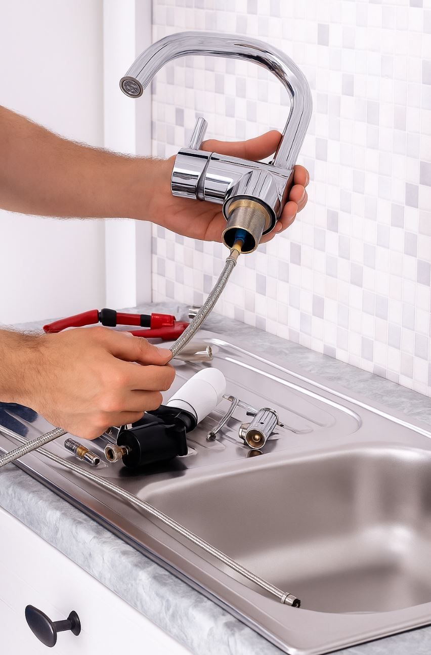 A1 Handyman technician in Boise, ID installing a new kitchen faucet, connecting braided supply lines and preparing plumbing hardware for a secure fit.
